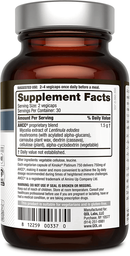 Premium Kinoko Platinum AHCC Supplement – 750Mg of AHCC per Capsule – Supports Immune Health, Liver Function, Maintains Natural Killer Cell Activity – 60 Veggie Capsules