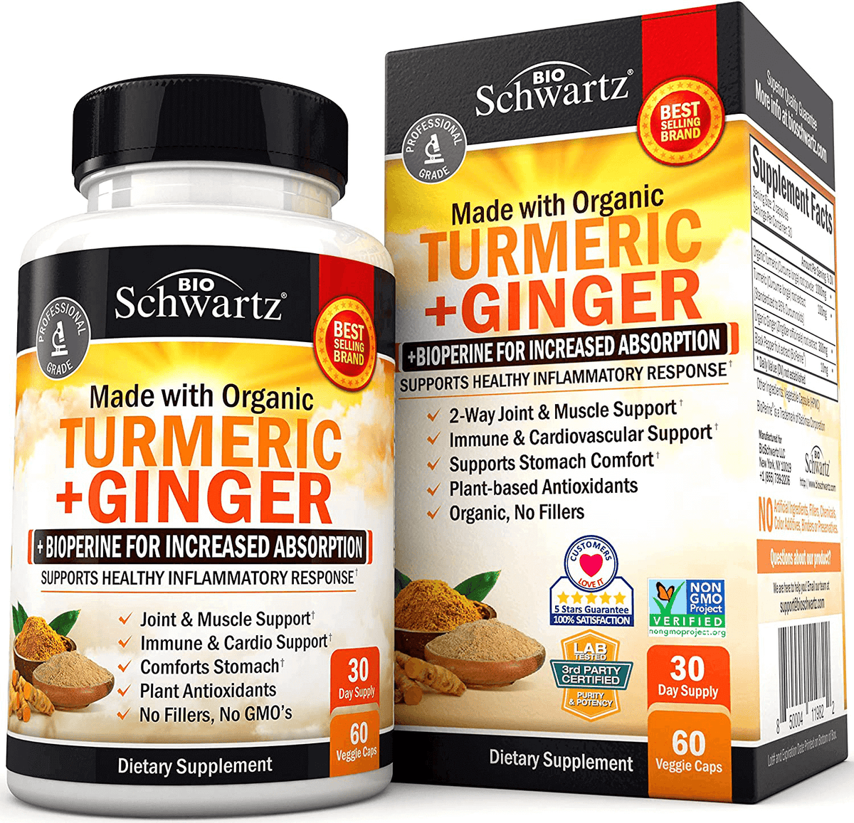 Organic Turmeric & Ginger Capsules with BioPerine Black Pepper for Increased Absorption - 2 Way Muscle & Joint Support Supplement - Designed for Stomach Comfort - for Immune & Cardio Support - vitamenstore.com