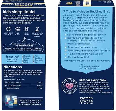 Mommy's Bliss Kids Sleep Liquid with Melatonin and Calming Herbs, Age 3 Years to Adults, Natural Grape Flavor, Sugar Free, 4 Fl Oz (60 Servings) | Free Shipping | Vitamenstore.com