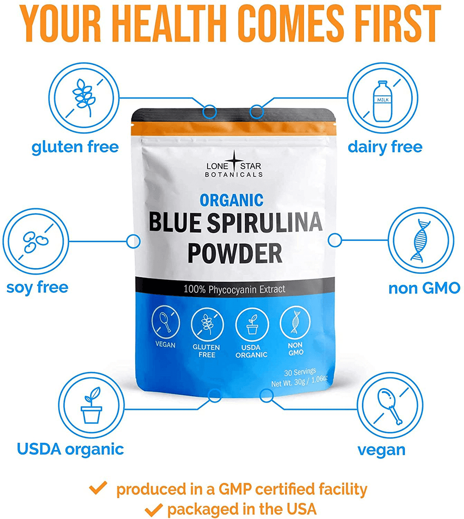 Organic Blue Spirulina Powder - 100% Pure Superfood from Blue-Green Algae, Natural Food Coloring for Smoothies & Protein Drinks - Non GMO, Gluten-Free, Dairy-Free, Vegan + USDA Certified, 30 Servings - Vitamenstore.com