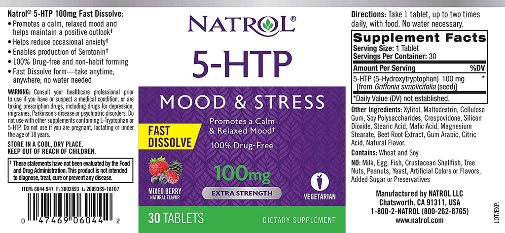 Natrol 5-HTP Fast Dissolve Tablets, Promotes a Calm Relaxed Mood, Helps Maintain a Positive Outlook, Enables Production of Serotonin, Drug-Free, Controlled Release, Maximum Strength, Wild Berry Flavor - Vitamenstore.com
