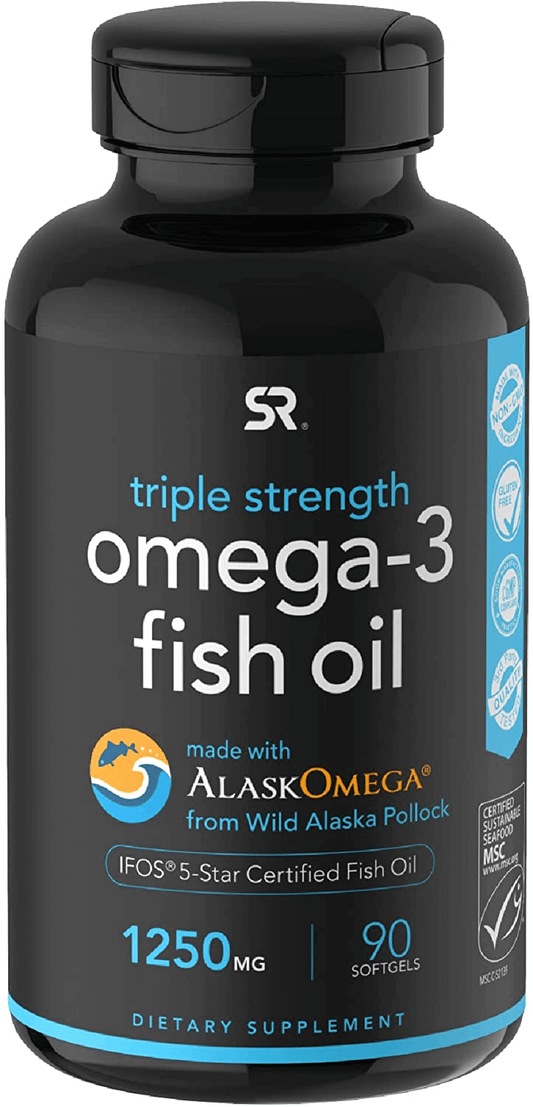 Sports Research Triple Strength Omega 3 Fish Oil Supplement - EPA & DHA Fatty Acids from Wild Alaskan Pollock - Heart, Brain & Immune Support for Adults, Men & Women - 1250 Mg Capsules (90 Ct) - vitamenstore.com