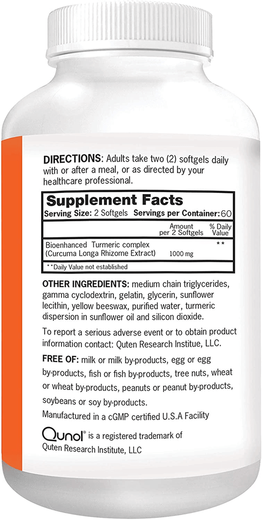 Turmeric Curcumin Softgels, Qunol with Ultra High Absorption 1000Mg, Joint Support, Dietary Supplement, Extra Strength, 120 Softgels