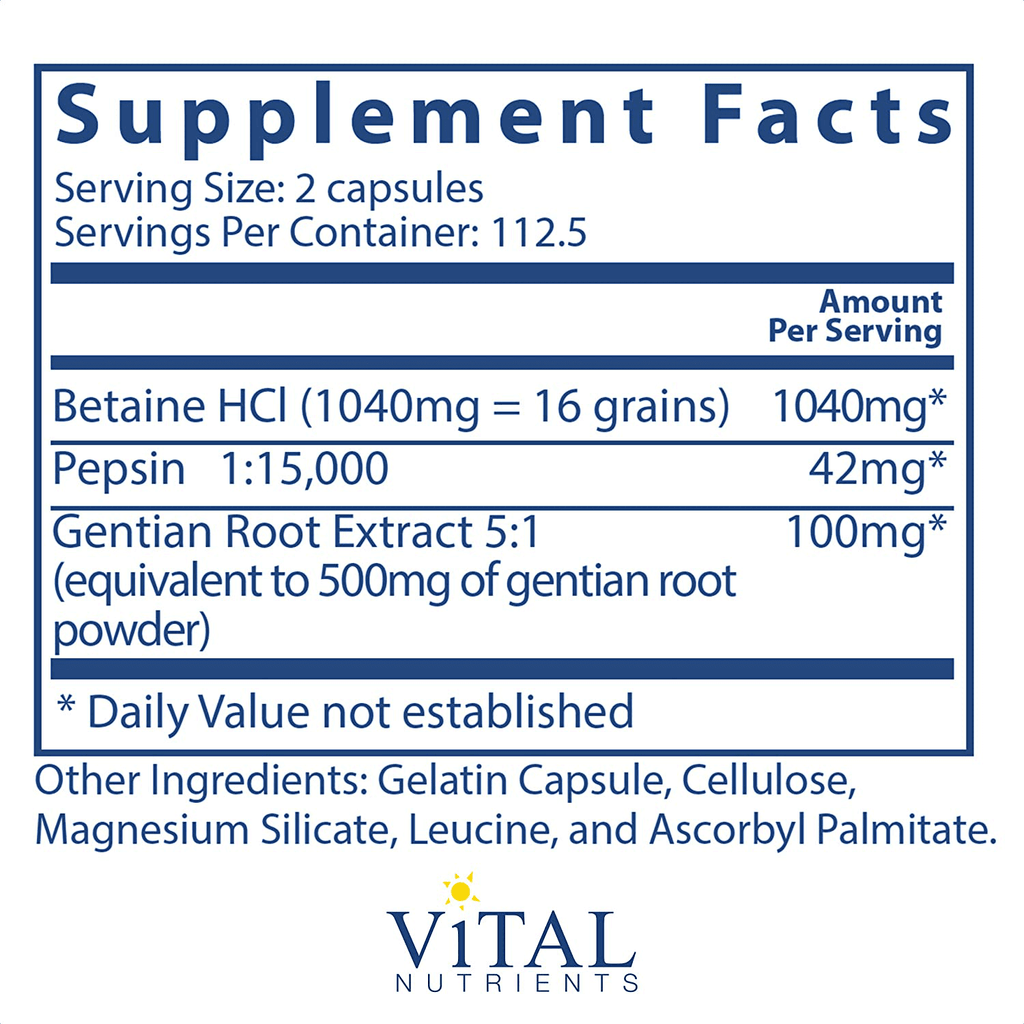Vital Nutrients - Betaine HCL Pepsin and Gentian Root Extract - Powerful Digestive Support for the Stomach - Gluten Free - 225 Capsules per Bottle