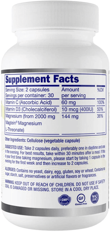 Magtein Magnesium L- Threonate - Bioavailable and 100% Water Soluble Magnesium - Clear Brain Fog, Improve Memory, Focus and Attention, Support Sleep and Mood – 30 Day Supply- 60 ct. Veggie Capsules | Free Shipping | Vitamenstore.com