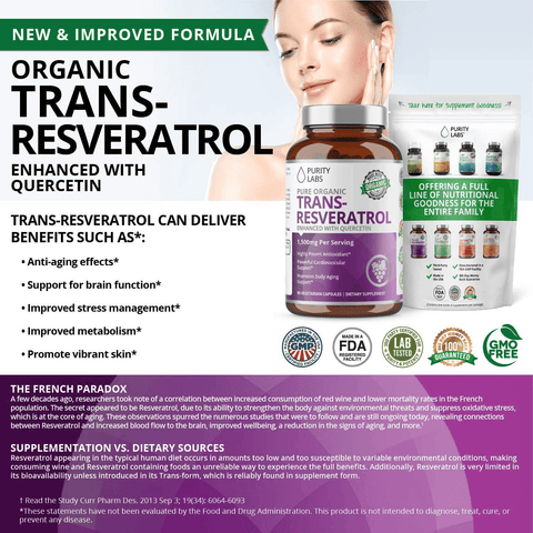 Organic Trans-Resveratrol 1,500MG Enhanced with Quercetin - Highest Quality and Potency Available - Powerful Antioxidant for Heart, Anti-Aging, and Radiant Looking Hair, Skin and Nails 90 Vegan pills | Free Shipping | Vitamenstore.com