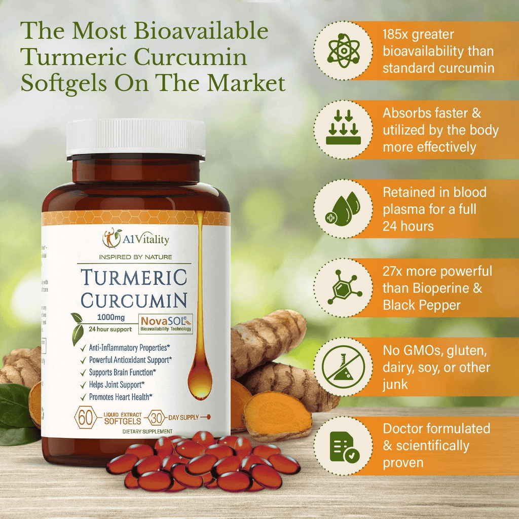 A1 Vitality Turmeric Curcumin Novasol Supplements 1000Mg More Potent than Bioperine - Inflammation, Joint Pain Relief - 185X Bioavailable than Turmeric Black Pepper Capsules – Best Natural Softgels