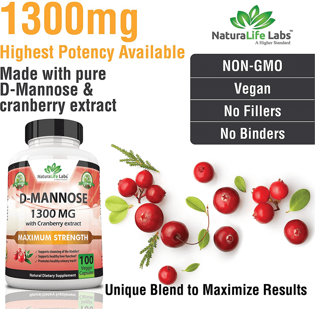 D-Mannose 1,300 mg with Cranberry Extract Fast-Acting, Flush Impurities, Natural Urinary Tract Health- 100 Veggie Capsules - Vitamenstore.com - Vitamenstore.com