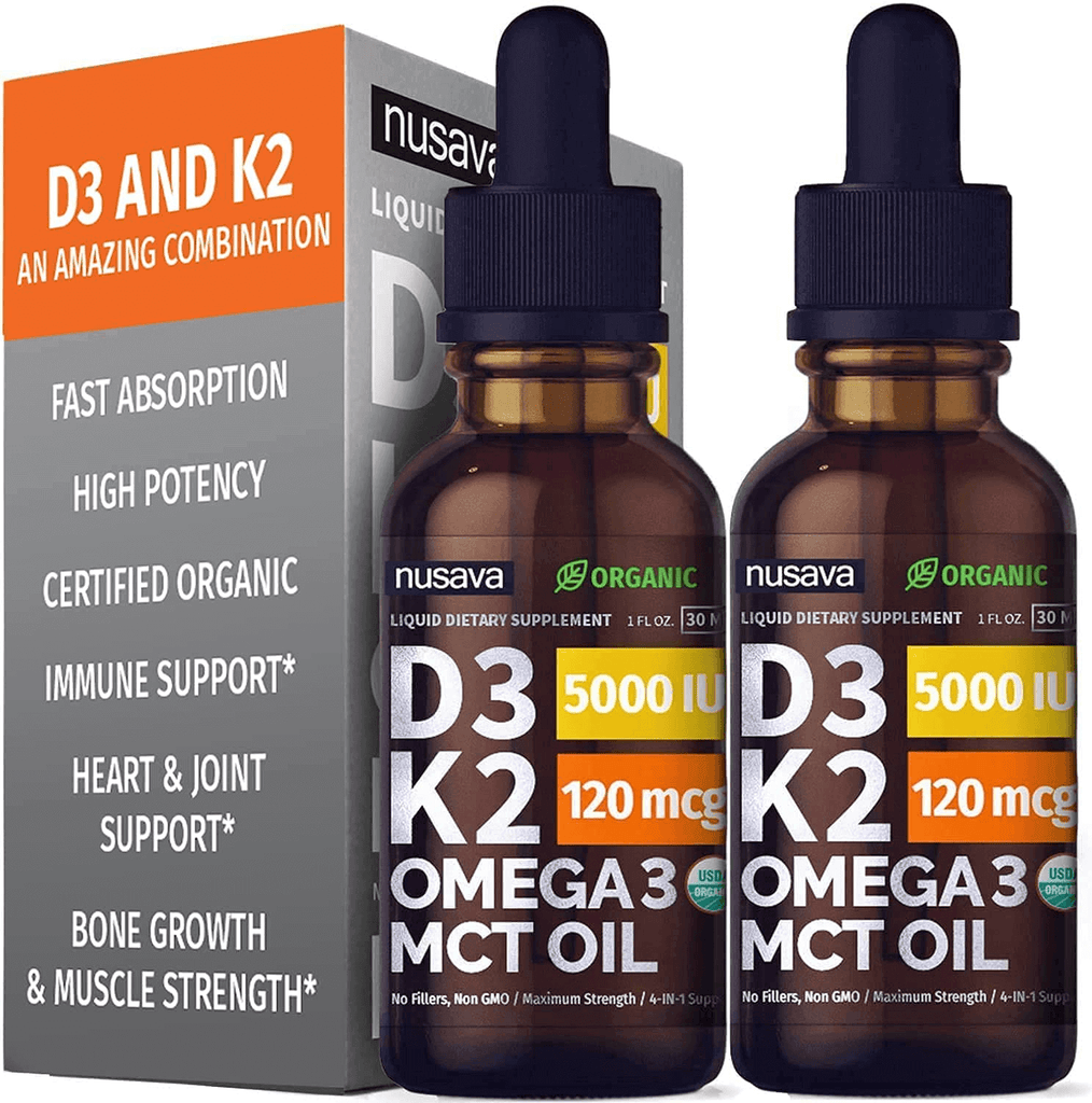 (2 Pack) Organic Vitamin D3 K2 Drops W MCT Oil Omega 3, 5000 IU, Maximum Strength Vitamin D Liquid 5000 IU, No Fillers, Non-Gmo Liquid D3 for Faster Absorption & Immune Support, Unflavored, 2 Fl Oz