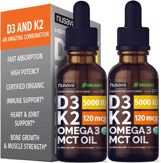 (2 Pack) Organic Vitamin D3 K2 Drops W MCT Oil Omega 3, 5000 IU, Maximum Strength Vitamin D Liquid 5000 IU, No Fillers, Non-Gmo Liquid D3 for Faster Absorption & Immune Support, Unflavored, 2 Fl Oz - vitamenstore.com
