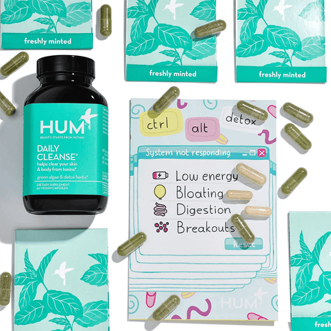 HUM Daily Cleanse Skin Supplement - Clear Skin with Organic Algae, 14 Herbs, Vitamins & Minerals to Soothe and Balance Skin, Supports Improved Digestion (60 Vegan Capsules) | Free Shipping | Vitamenstore.com