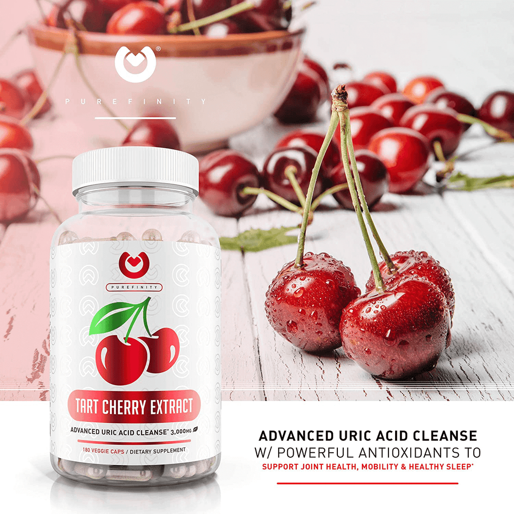 Purefinity Tart Cherry Capsules - Max Strength 3000mg | 6 Month Supply - Advanced Uric Acid Cleanse, Powerful Antioixidant w/ Joint Support - 180 Vegetable Capules. - Vitamenstore.com