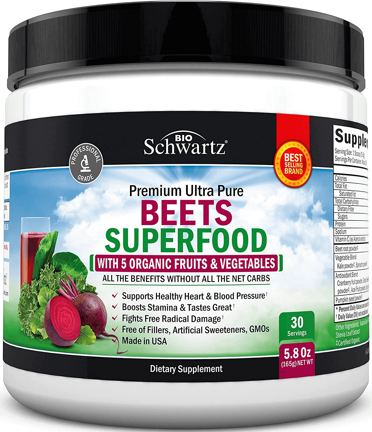 Beets Superfood Powder - Beet Root Powder with Vitamin C - with Organic, Antioxidant Rich Fruits & Vegetables - Boost Stamina - for Healthy Heart Support - Great Tasting & GMO Free - 30 Servings - vitamenstore.com