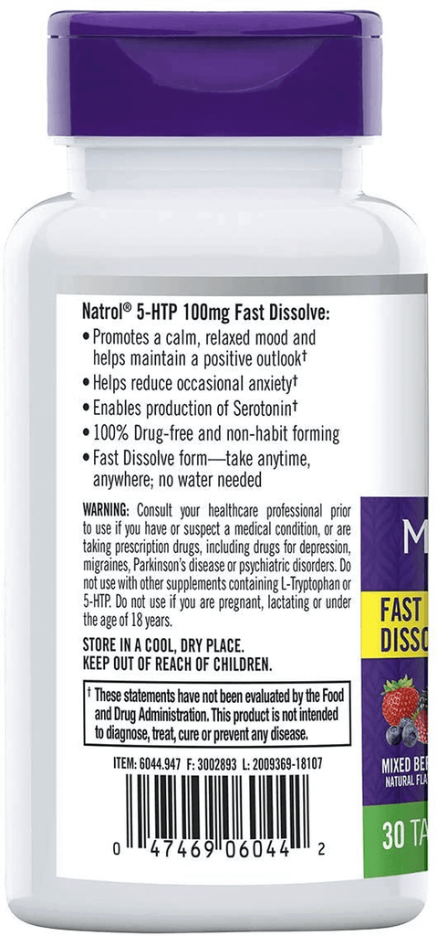 Natrol 5-HTP Fast Dissolve Tablets, Promotes a Calm Relaxed Mood, Helps Maintain a Positive Outlook, Enables Production of Serotonin, Drug-Free, Controlled Release, Maximum Strength, Wild Berry Flavor - Vitamenstore.com