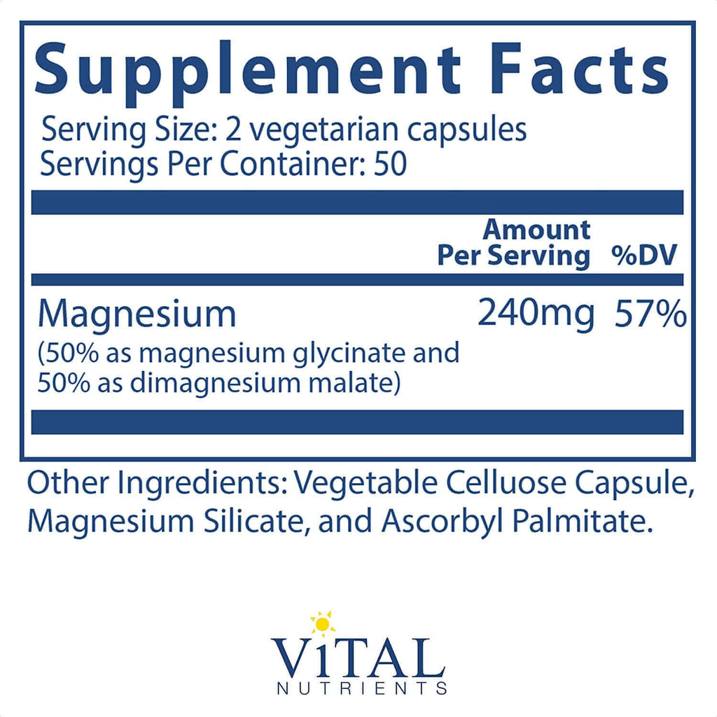 Vital Nutrients Magnesium (Glycinate/Malate) 120Mg - Formulated to Support Teeth, Bones, and Heart Health - Soy Free, Gluten Free, Dairy Free - 100 Vegetarian Capsules