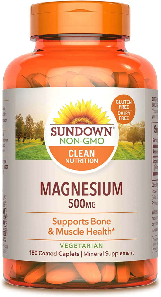 Sundown Magnesium Supplement, Non-Gmo, Gluten-Free, Dairy-Free, Vegetarian, 500Mg Coated Caplets, 180 Count, 6 Month Supply - vitamenstore.com