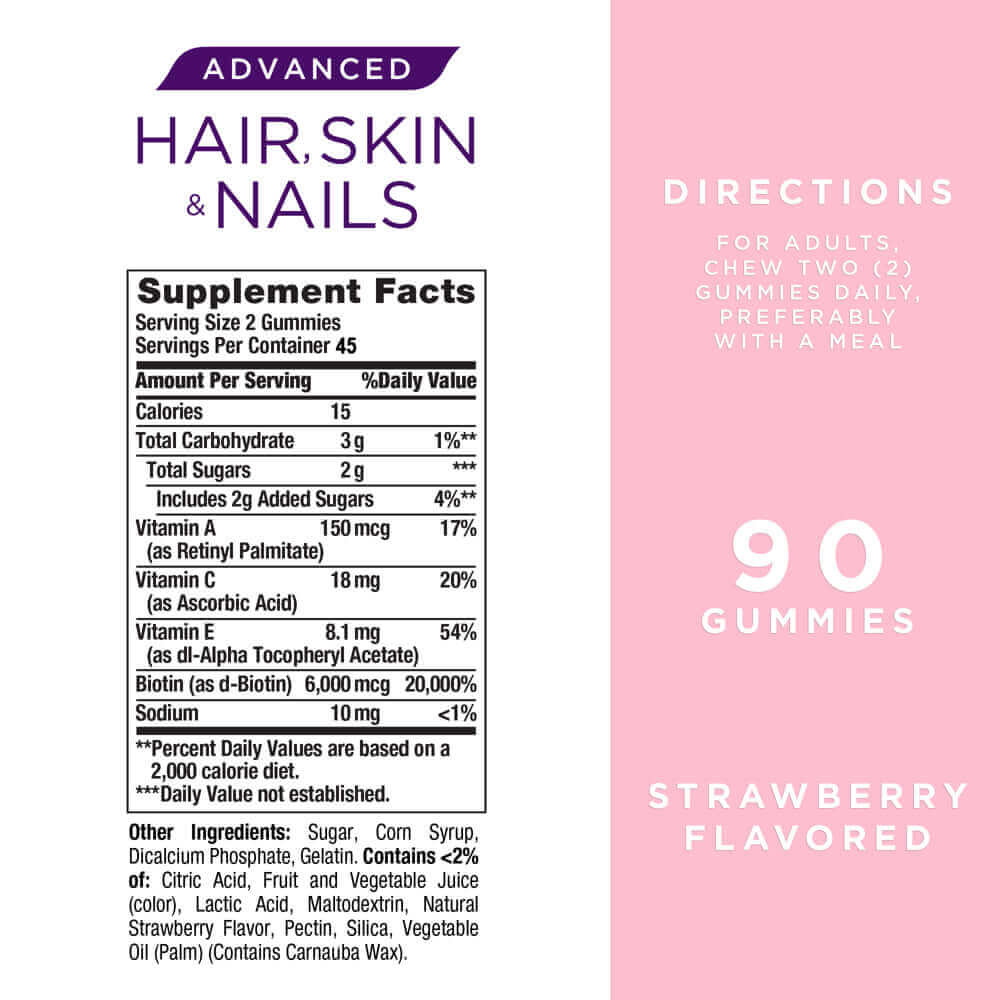 Nature'S Bounty Advanced Hair, Skin and Nails Strawberry Gummies, 6000Mcg Biotin, 90 Ct. - vitamenstore.com