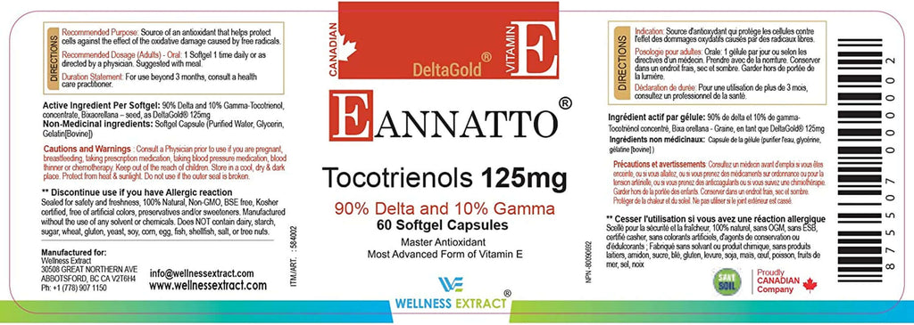 E Annatto Tocotrienols Deltagold 125Mg, Vitamin E Tocotrienols Supplements 60 Softgel, Tocopherol Free, Supports Immune Health & Antioxidant Health (90% Delta & 10% Gamma) (Pack of 1)