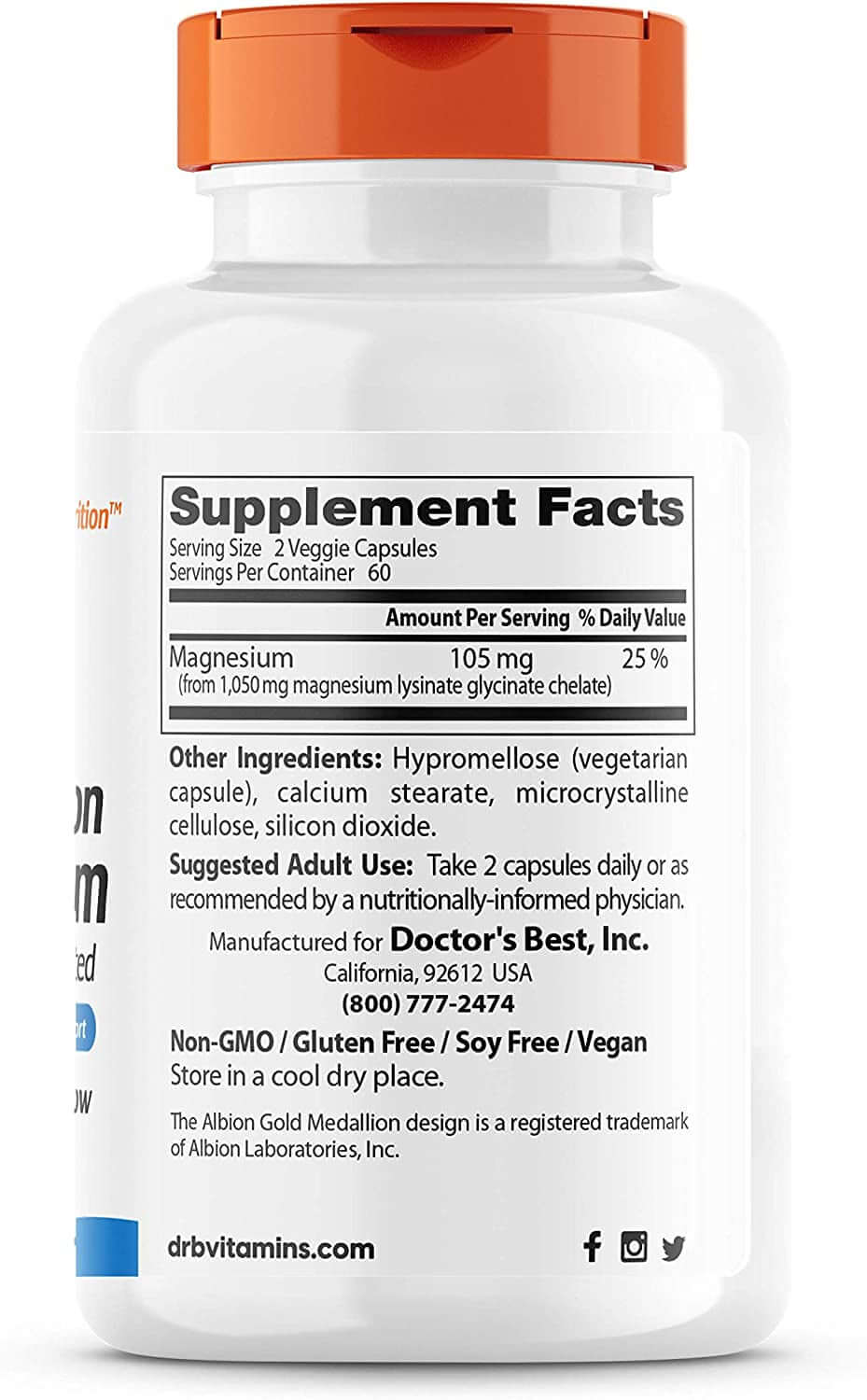 Doctor'S Best High Absorption Magnesium Lysinate Glycinate, Easy to Swallow, 120 Ct - vitamenstore.com