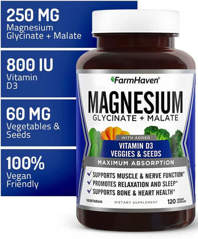 Farmhaven Magnesium Glycinate & Malate Complex with Vitamin D3, 100% Chelated for Maximum Absorption, Vegan - Supports Sleep, Leg Cramps Relief, Muscle Relaxation - 120 Capsules (60-Day Supply) | Free Shipping | Vitamenstore.com