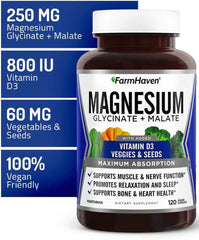Farmhaven Magnesium Glycinate & Malate Complex W/Vitamin D3, 100% Chelated for Max Absorption, Vegan - Sleep, Leg Cramps Relief, Anti-Stress, Muscle Cramps, 120 Capsules, 60 Days - vitamenstore.com