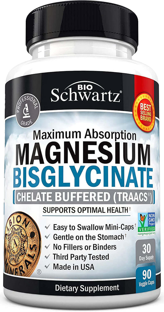 Magnesium Bisglycinate 100% Chelate No-Laxative Effect - Maximum Absorption & Bioavailability, Fully Reacted & Buffered - Healthy Energy Muscle Bone & Joint Support - Non-Gmo Project Verified - 90Ct - vitamenstore.com