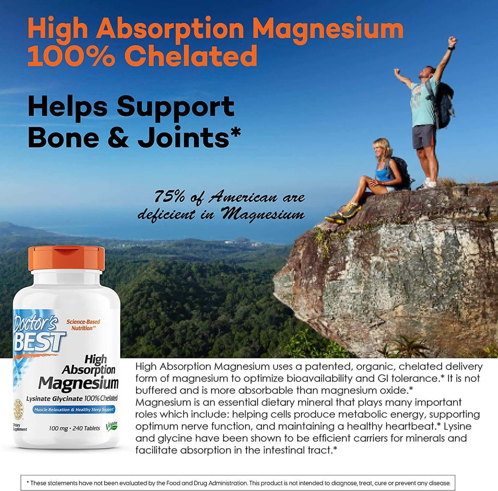 Doctor'S Best High Absorption Magnesium Glycinate Lysinate, 100% Chelated, Non-Gmo, Vegan, Gluten & Soy Free, 100 Mg, 240 Count