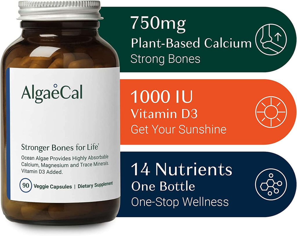 Algaecal - Plant Based Calcium Supplement with Vitamin D3 (1000 IU) for Bone Strength, Contains 13 Trace Minerals Supporting Bone Health, Organic Calcium for Women & Men, 90 Veggie Caps
