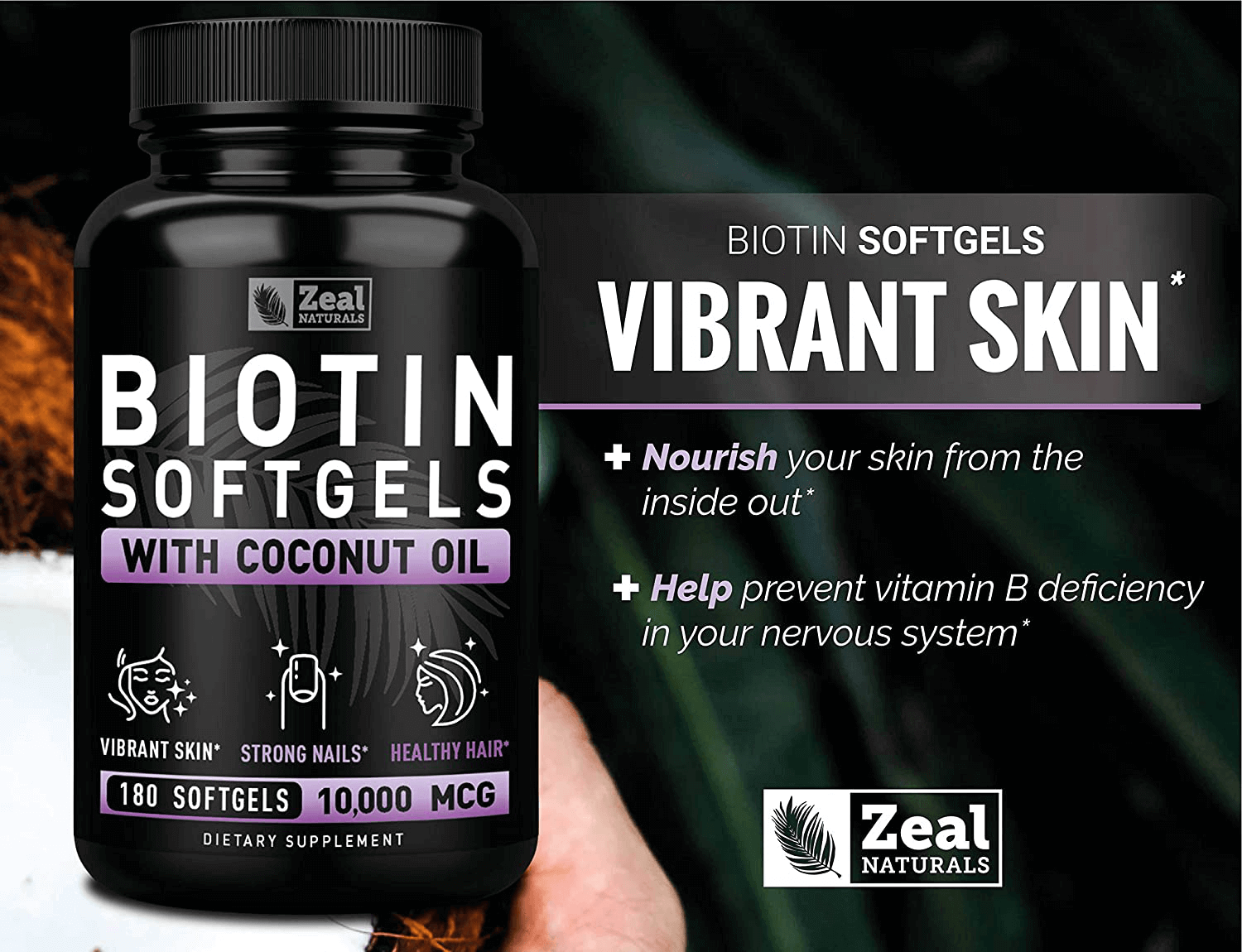 Biotin with Coconut Oil for Hair 10000mcg (180 Softgels) Biotin Supplement - Biotin Pills for Hair Skin and Nails Vitamins for Women Biotin Capsules for Men Hair Growth 6 mo Supply - Vitamen Store