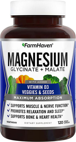 Farmhaven Magnesium Glycinate & Malate Complex with Vitamin D3, 100% Chelated for Maximum Absorption, Vegan - Supports Sleep, Leg Cramps Relief, Muscle Relaxation - 120 Capsules (60-Day Supply) | Free Shipping | Vitamenstore.com