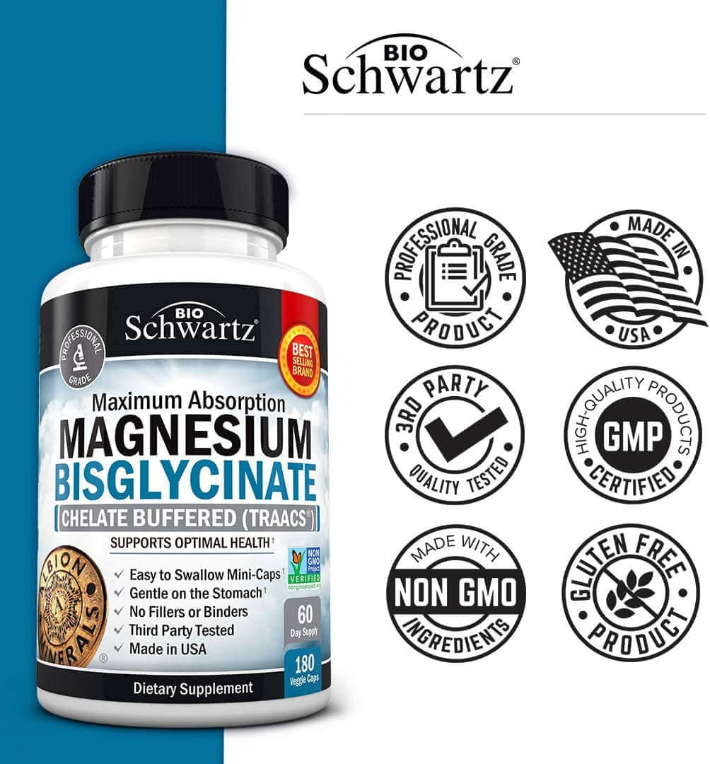 Magnesium Bisglycinate 100% Chelate No-Laxative Effect - Maximum Absorption & Bioavailability, Fully Reacted & Buffered - Healthy Energy Muscle Bone & Joint Support - Non-Gmo Project Verified -180Ct - vitamenstore.com