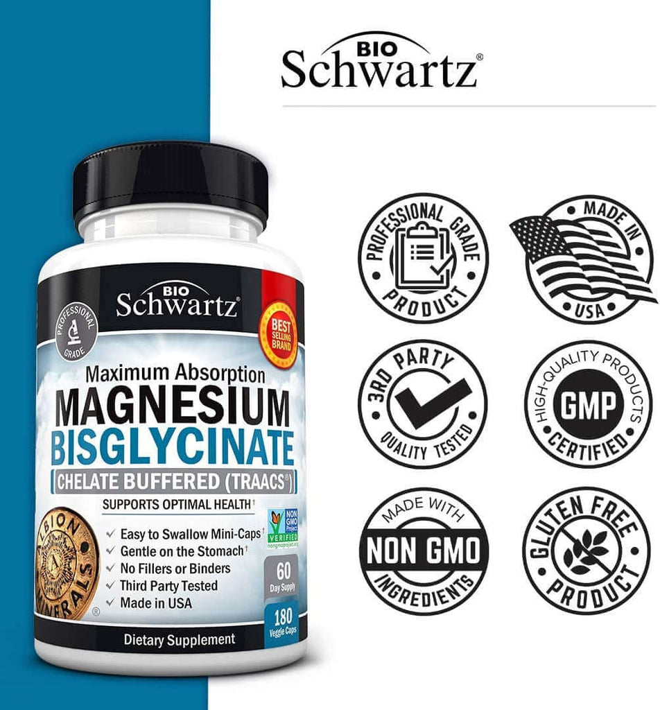 Magnesium Bisglycinate 100% Chelate No-Laxative Effect - Maximum Absorption & Bioavailability, Fully Reacted & Buffered - Healthy Energy Muscle Bone & Joint Support - Non-Gmo Project Verified -180Ct