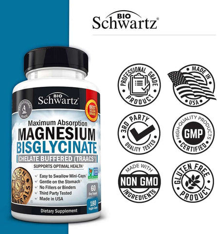 Magnesium Bisglycinate 100% Chelate No-Laxative Effect - Maximum Absorption & Bioavailability, Fully Reacted & Buffered - Healthy Energy Muscle Bone & Joint Support - Non-Gmo Project Verified -180Ct | Free Shipping | Vitamenstore.com