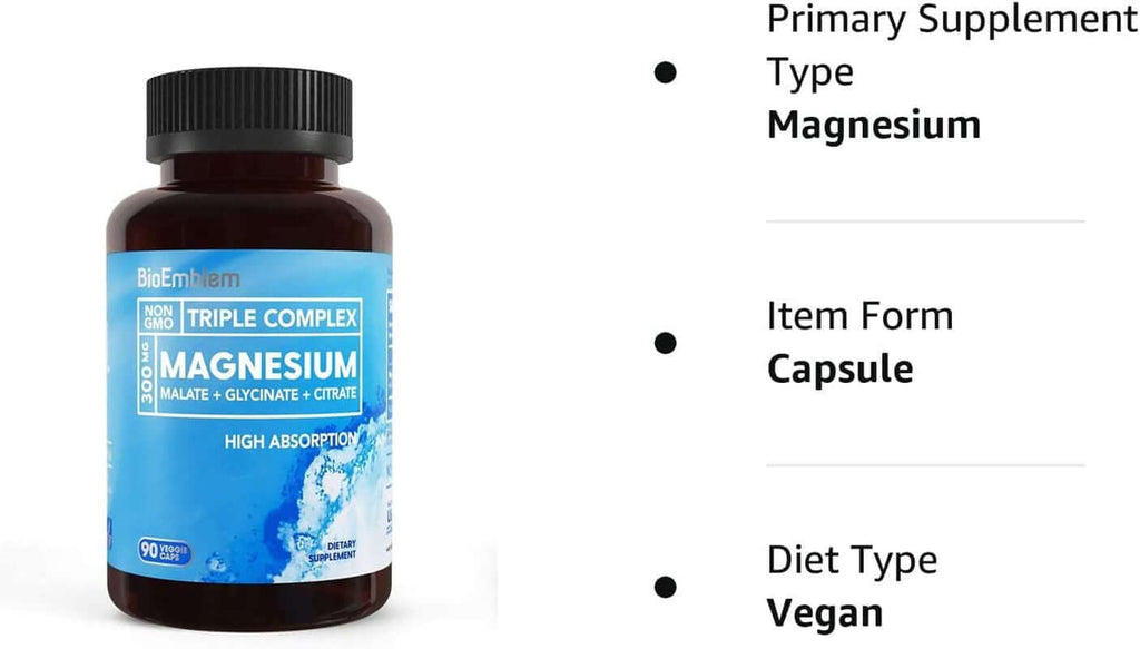 Bioemblem Triple Magnesium Complex | 300Mg of Magnesium Glycinate, Malate, & Citrate for Muscles, Sleep, Calm, & Energy | High Absorption | Vegan, Non-Gmo | 90 Capsules