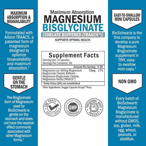 Magnesium Bisglycinate 100% Chelate No-Laxative Effect - Maximum Absorption & Bioavailability, Fully Reacted & Buffered - Healthy Energy Muscle Bone & Joint Support - Non-Gmo Project Verified -180Ct | Free Shipping | Vitamenstore.com