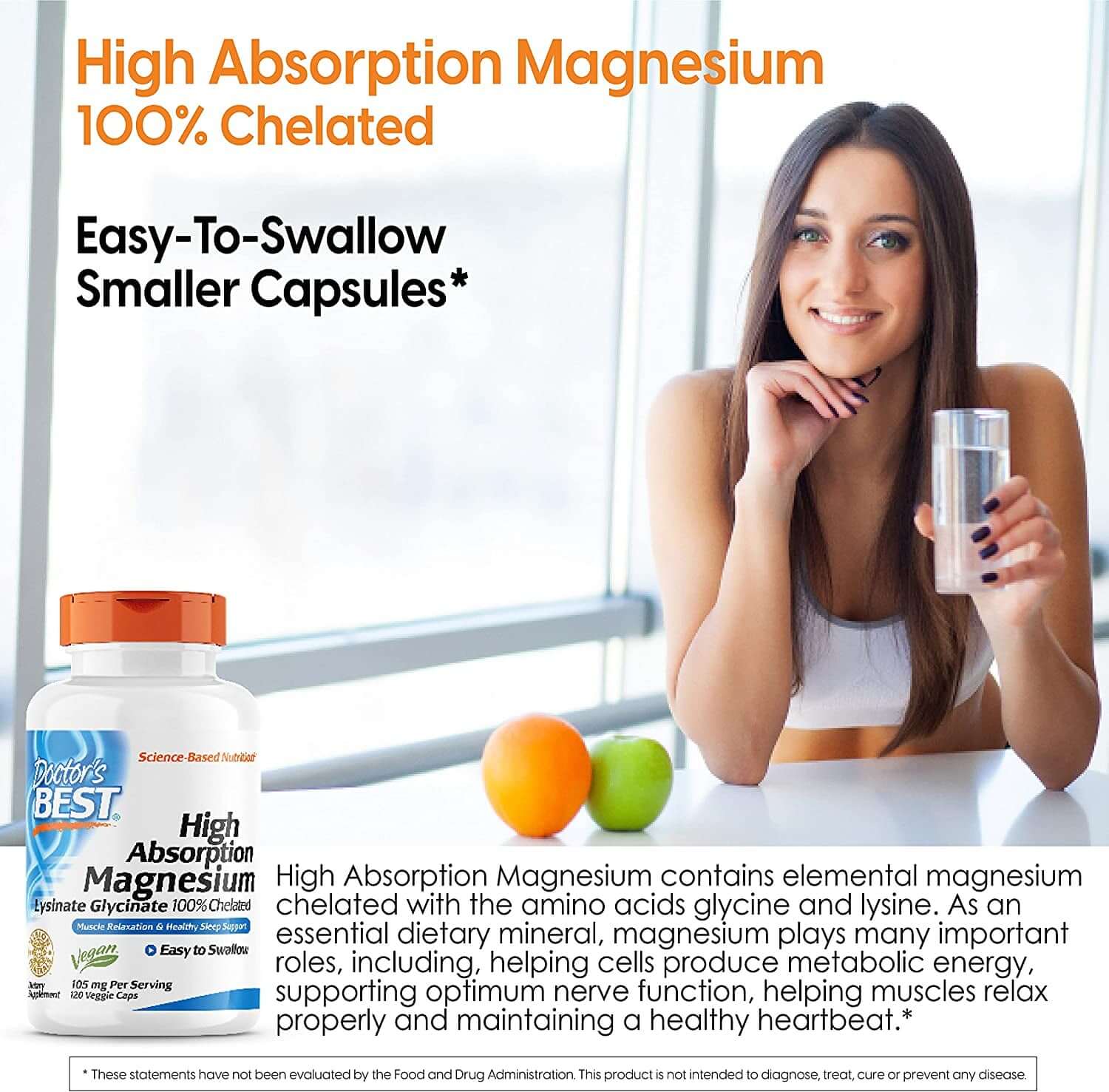 Doctor'S Best High Absorption Magnesium Lysinate Glycinate, Easy to Swallow, 120 Ct - vitamenstore.com