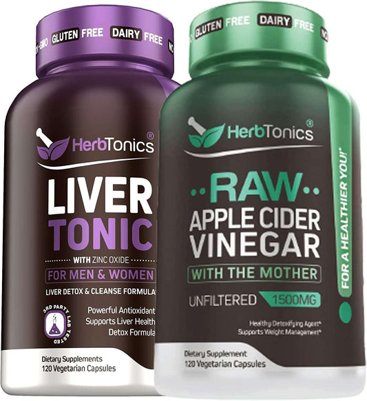 Livertonic & Raw Apple Cider Vinegar Bundle | Liver Cleanse, Fatty Liver Support Formula with Milk Thistle | Raw ACV with Mother for Detox Support | 120 Capsules - vitamenstore.com