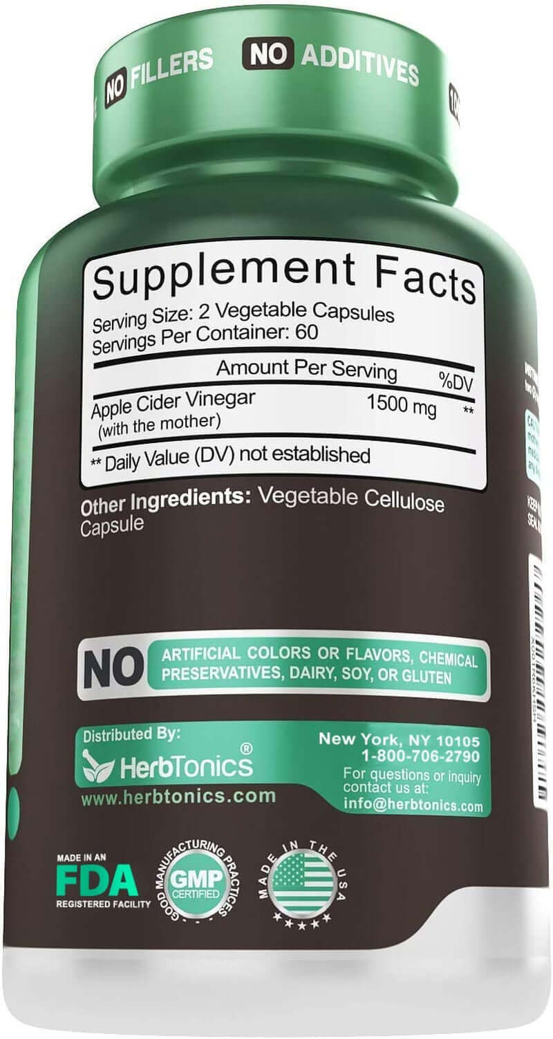 Herbtonics Raw Apple Cider Vinegar Capsules, 1500Mg Detox Support (Packaging May Vary) - vitamenstore.com