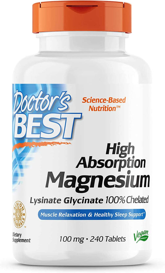 Doctor'S Best High Absorption Magnesium Glycinate Lysinate, 100% Chelated, Non-Gmo, Vegan, Gluten & Soy Free, 100 Mg, 240 Count - vitamenstore.com