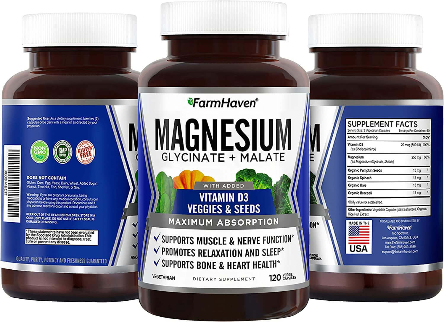 Farmhaven Magnesium Glycinate & Malate with Vitamin D3 – 100% Chelated for Max Absorption, Vegan – 120 Capsules - Vitamen Store
