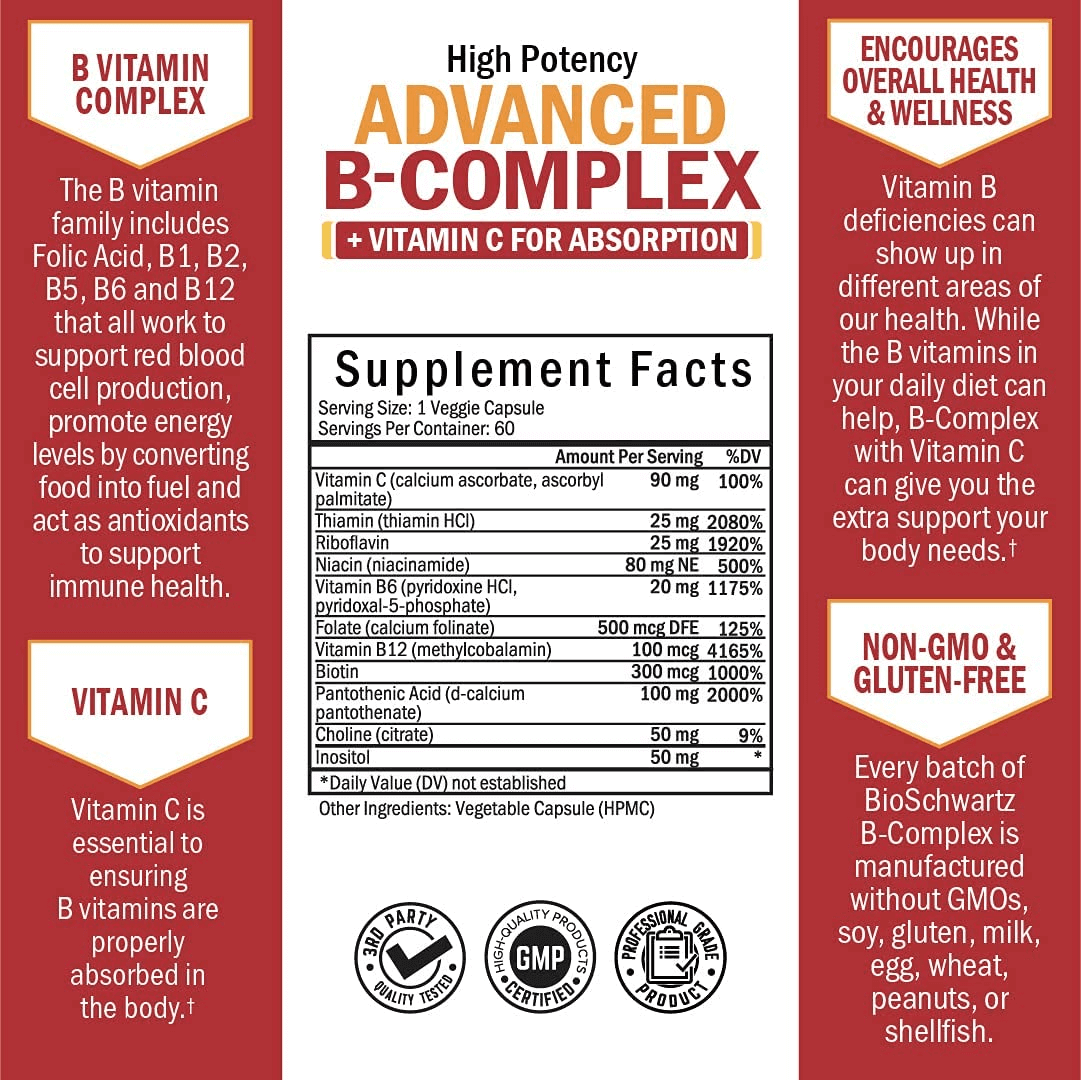 Vitamin B Complex with Vitamin C for Maximum Absorption - Methylcobalamin B12 & Folate Folic Acid Supplement - Vitamins B1 B2 B3 B5 B6 B7 B9 for Immune Energy & Nervous System Support - Non - Gmo - 60Ct - Vitamen Store