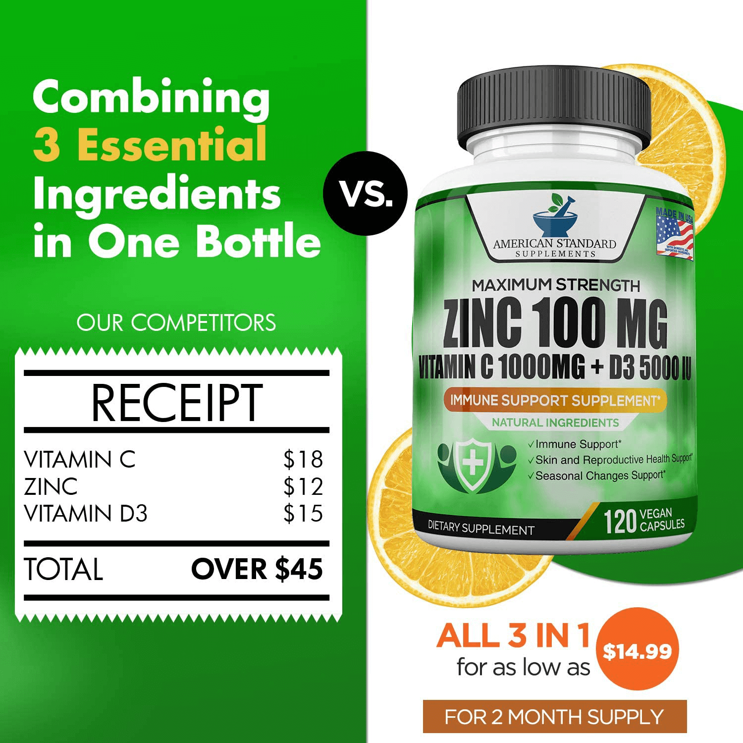 Zinc 100mg, Vitamin C 1000mg, Vitamin D 5000IU per Serving, Immune Support for Adults Kids, Immune System Booster Supplements, Non GMO, No Filler, No Stearate, 120 Vegan Capsules, 60 Day Supply - Vitamen Store