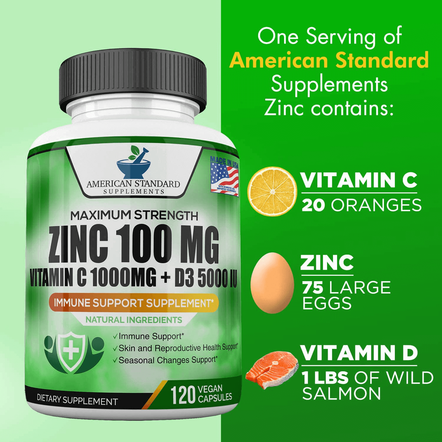 Zinc 100mg, Vitamin C 1000mg, Vitamin D 5000IU per Serving, Immune Support for Adults Kids, Immune System Booster Supplements, Non GMO, No Filler, No Stearate, 120 Vegan Capsules, 60 Day Supply - Vitamen Store