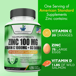Zinc 100mg, Vitamin C 1000mg, Vitamin D 5000IU per Serving, Immune Support for Adults Kids, Immune System Booster Supplements, Non GMO, No Filler, No Stearate, 120 Vegan Capsules, 60 Day Supply - Vitamen Store