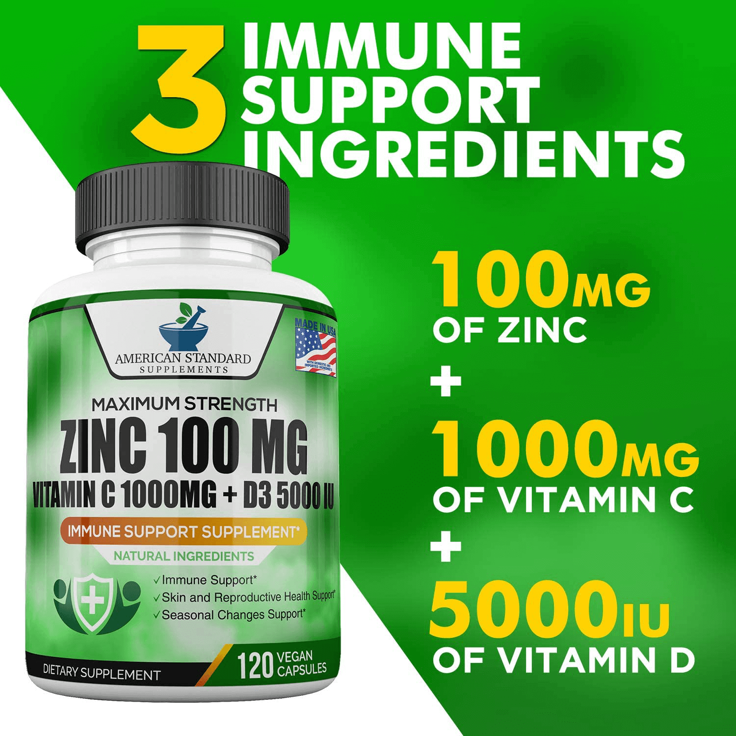 Zinc 100mg, Vitamin C 1000mg, Vitamin D 5000IU per Serving, Immune Support for Adults Kids, Immune System Booster Supplements, Non GMO, No Filler, No Stearate, 120 Vegan Capsules, 60 Day Supply - Vitamen Store
