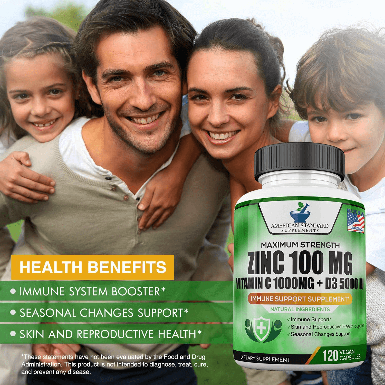 Zinc 100mg, Vitamin C 1000mg, Vitamin D 5000IU per Serving, Immune Support for Adults Kids, Immune System Booster Supplements, Non GMO, No Filler, No Stearate, 120 Vegan Capsules, 60 Day Supply - Vitamen Store